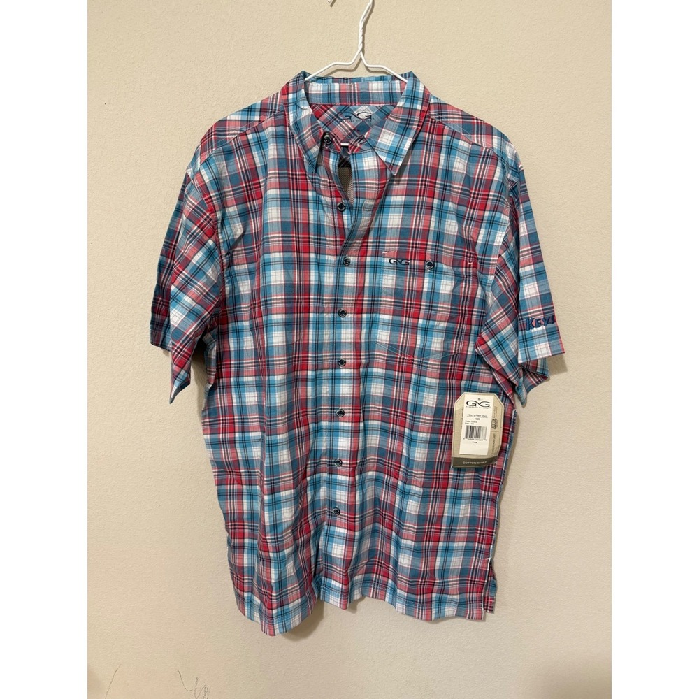 NWT Gameguard Outdoors Blue/White/Red Plaid Short Sleeve Button Up Medium *READ*